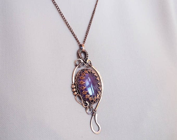Amethyst pendant, Copper wire wrap, Romantic gift for her Saint Valentine, Boho style, Natural stone Ooak, Birthstone