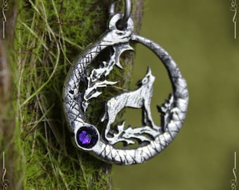 Ouroboros and wolf pendant "The Wolf Song" with amber, iolite, seraphinite or swarovski crystal