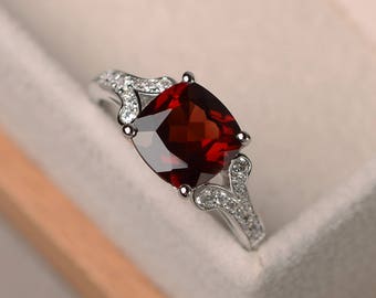 natural garnet ring, cushion cut promise wedding ring, sterling silver ring,red gemstone ring,January birthstone ring