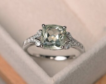 genuine green amethyst ring, cushion cut promise engagement ring, sterling silver ring,green gemstone ring