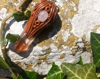 Tangerine Quartz and Rainbow Moonstone Woodland Faerie Pendant
