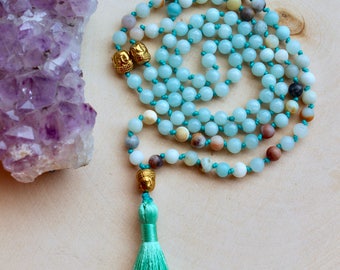 108 mala beads / amazonite mala necklace / green tassel necklace / mala bead necklace / yoga jewelry / meditation jewelry