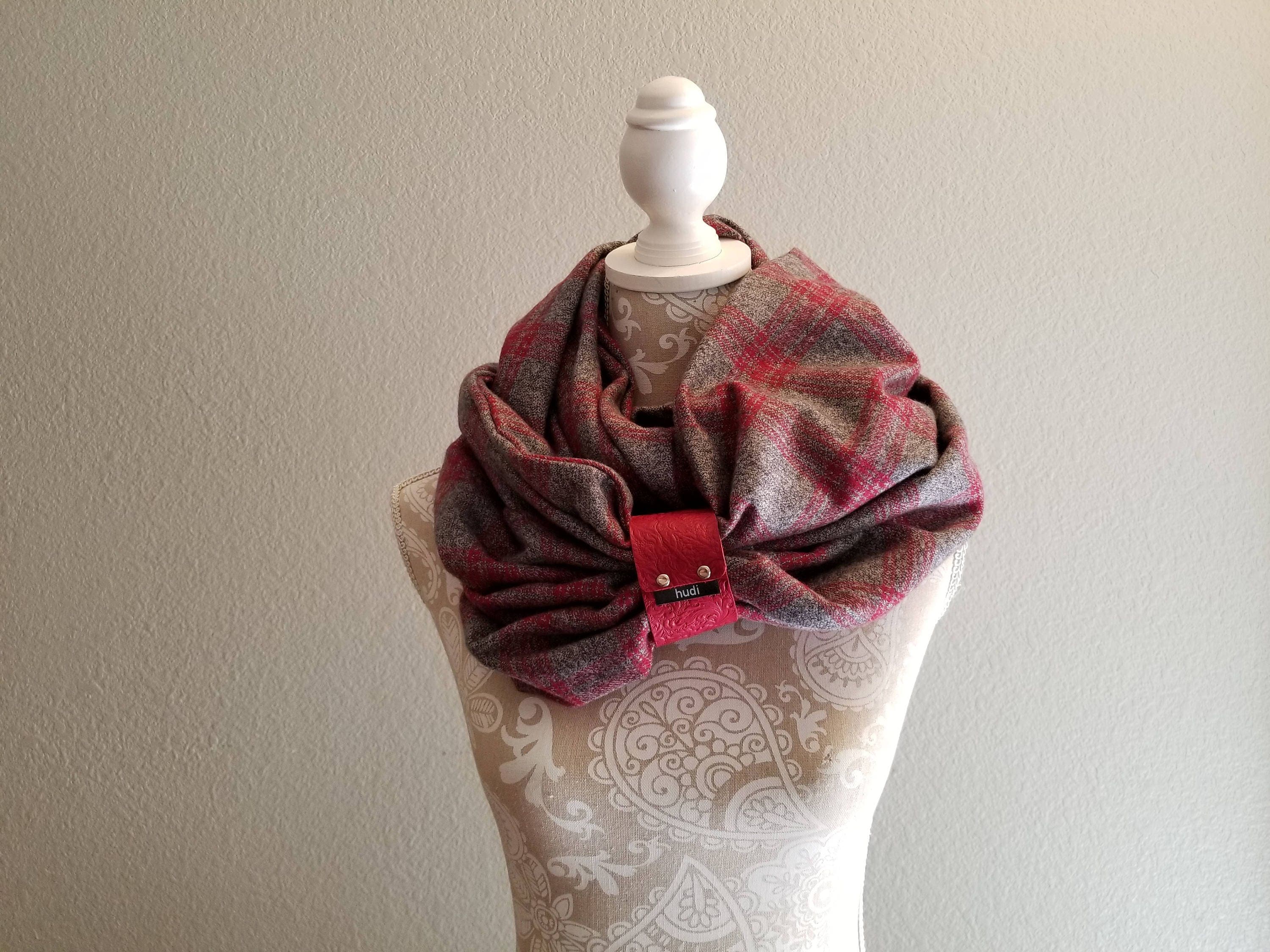 infinity scarf for women with leather cuff womens winter accessory plaid scarf leather - Christmas Plaid Scarf infinity scarf for women with leather cuff womens winter accessory plaid scarf leather - Christmas Plaid Scarf