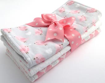 Baby Burp Cloth Set - Set of 3 - Baby Girl - Pink, Gray, White Bird and Heart Print, Pink Polka Dot, Pink & Gray Flower - White Terrycloth
