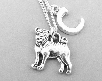 Pug Necklace, Personalised Pug Jewellery, Dog Necklace, Personalised Letter Necklace, Sterling Silver, Pug Gifts