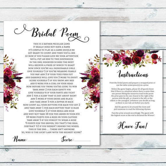 Bridal Poem Game Bridal Shower Point Poem Floral Bridal