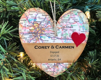 Personalized Engagement Ornament, Newly Engaged Ornament, Engagement Gift For Couple, Wedding Shower Gift, Engagement Date, Map Ornament