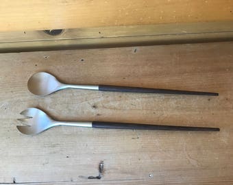 Danish Modern Stainless Teak Salad Tossers Salad Forks 2 Piece Set Made in Denmark