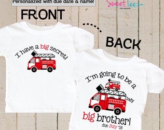 Big Brother Shirt Personalized Firetruck Shirt Boy Big Cousin tShirt Personalized Due Date and Name Front and back Sibling Announcement