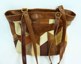 Leather Messenger bag - vintage - Tote leather bag - shoulder bag - vintage 80's - Patchwork leather - brown leather bag