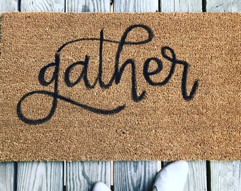 gather welcome mat || customizable || hand lettered doormat || hand painted doormat || wedding gift || housewarming gift