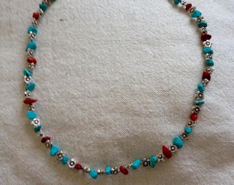 TIBETAN SILVER NECKLACE, CORAL AND TURQUOISE