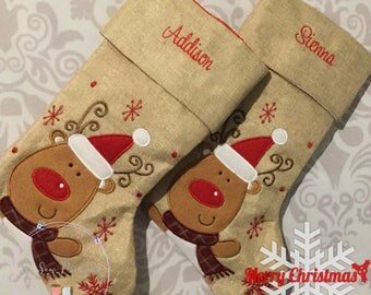 Personalised Christmas Stocking, Deluxe Hessian Reindeer Any Name, Personalized Christmas Gift
