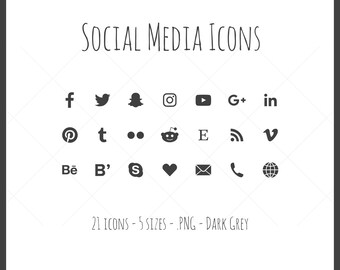 Social Media Icons - 21 icons in 5 sizes, dark gray, PNG files, solid icon, black, dark grey