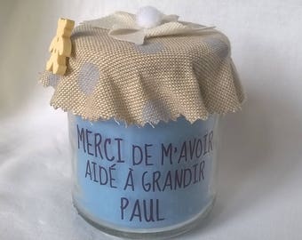 Candle to thank the linen with blue polka dots personalized nanny