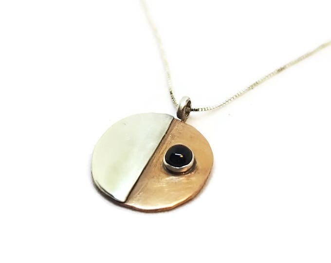 Mixed Metal Black Onyx Pendant, Sterling Silver and Copper Gemstone Necklace, One of a Kind, Unique Birthday Gift, Gift for Her