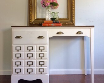 SOLD Three drawer vintage pure white desk with card catalog pulls 17.5d 43.5w 31.5h