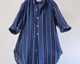 Indigo Stripe French Linen Stand-collar Shirt