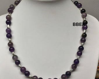 Amethyst 8 mmx2 necklace Tibetan silver barrel beads
