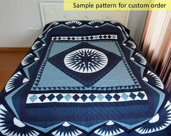 Complex Star Quilt, The Compass of Ocean, King /Queen Size Quilts, Amish quilt, Amish patchwork, Homemade quilt, Hand Quilted, Quilt on sale