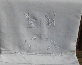 Beautiful antique French linen monogrammed trousseau or dowry sheet LB