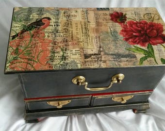 Large vintage jewellery box mini chest drawers Art deco oriental french Paris hand decorated with decoupage. shabby chic.upcycled box