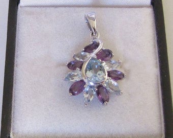 Decorated with natural amethyst and Blue Topaz 925 Sterling Silver Pendant