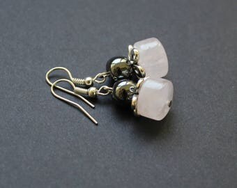 Pink gemstone jewelry Rose quartz flower earrings Love healing earrings Hematite beads earrings Young girl earrings Stone dangle earrings