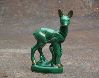 Belle statuette de cerf en céramique Français Art déco, faon vert Jade, figurine de chevreuil vintage, forêt animal.