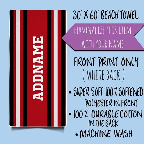 Personalized Beach Towel, Custom Red White Black Stripes Beach Towel,Custom towel, Custom Towels,Custom Name Beach Towels, Personalized Gift