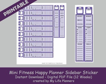 MINI Fitness Happy Planner Sidebar Stickers, Purple, Printable Planner Stickers, MAMBI Mini Fitness Happy Planner, PDF Download