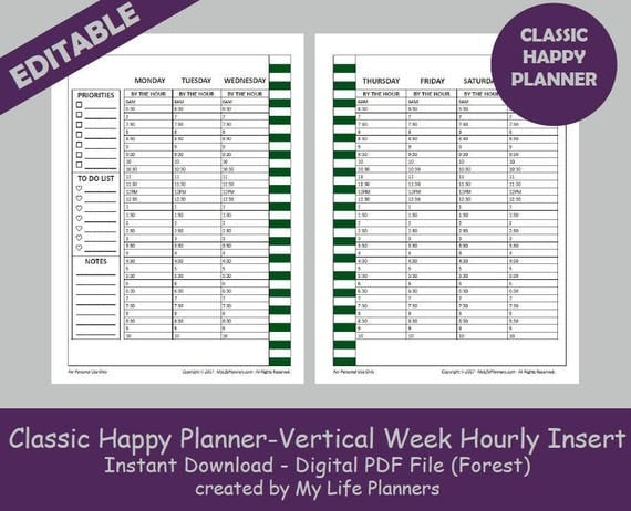 CLASSIC Happy Planner Vertical Week Hourly Insert Editable