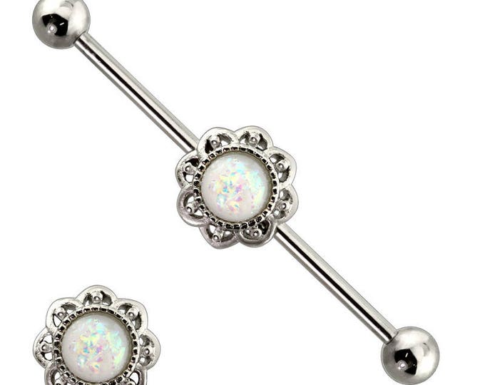 Synthetic Opal Flower Centered 316L Surgical Steel Industrial Barbell
