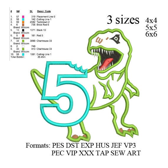 Scary T-rex Dinosaur Applique birthday Embroidery Design number 5 ...