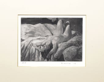 Signed and Matted Intaglio Print (Etching): Nude Woman In Repose 5"x7" on 100% cotton archival paper