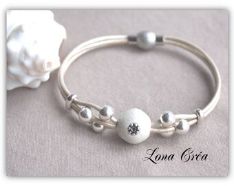 Bracelet Beige Pearl - silver Zamak and resin - beads leather cord magnetic clasp