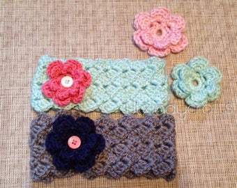 Wide Baby Headband with 2 Changeable Flowers-Crocheted Headband-Changeable Flowers-Button Flowers-Attached Flowers-Hair accessories