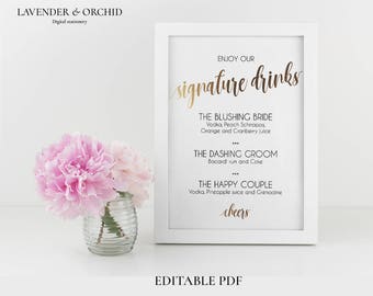 Signature drinks sign, Printable signature drinks gold, Editable PDF, Instant download, Wedding sign template, Wedding drink signs, Gold