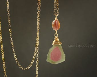 Watermelon Tourmaline Slice Pendant Necklace Large Pink & Green 14k Gold filled Tourmaline Slice Crystal Jewelry October Birthday Gemstone
