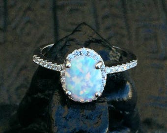 White Fire Opal Ring-Opal-Opal Ring-Halo Ring-Promise Ring-Engagement Ring-Silver Opal Ring-CZ Opal Birthday Gift-Lab Opal Ring Free Shippin