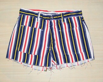 Size 8-10 vintage 70s high waist cutoff hotpant shorts blue/yellow striped denim