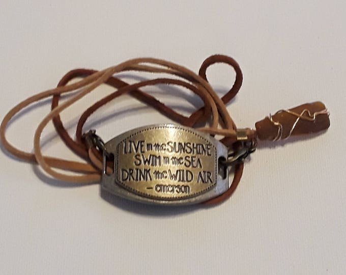 Strappy bracelet - Emerson quote Medallion - Brown beach glass charm with tan and brown leather laces and lobster claw closures