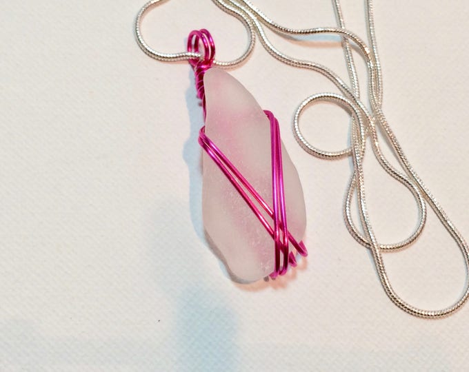 Cute Pendant Necklace Pink Wire wrapped Beach Glass Necklace