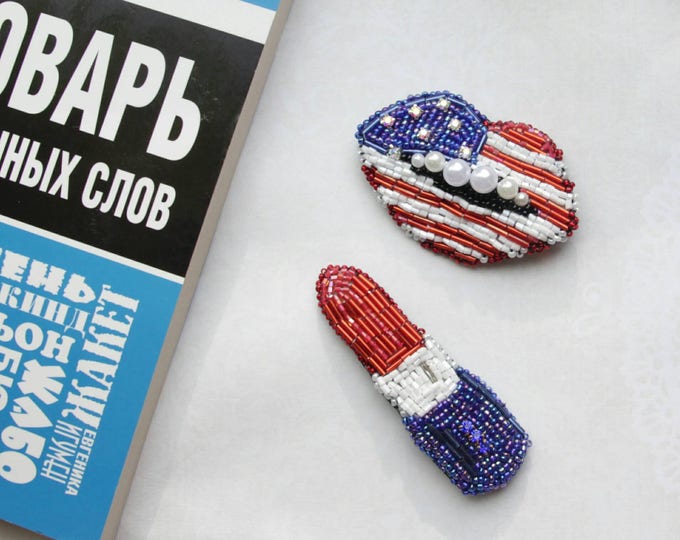 Set of brooch lips and lipstick Brooch flag USA american brooch embroidery flag beaded brooch pin US flag patriot design