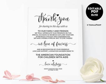In Lieu of Favors Sign, Wedding Donation Sign Wedding Donation Favor Cards Wedding Favor Sign, Printable Wedding Signs, Wedding Template PDF