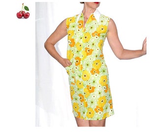 Mini floral 60s dress Flower Power zipper front short Robe zip front sleeveless white collar french graphic pop dress
