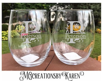 Personalized Wine Glasses, Custom Etched Wine Glasses, Monogram Etched Glasses, Custom Barware, Bridesmaid Gifts, Personalized Wedding Gift