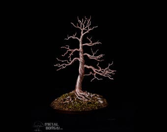 Silver and Rose Deciduous Wire Tree Sculpture on Wooden Base