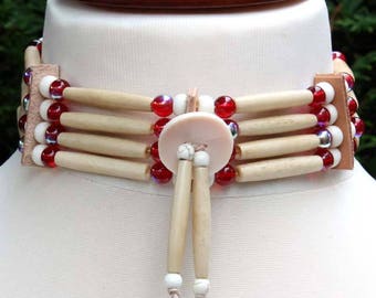 Native American choker red & white bone hair pipe choker Indian style bone bead necklace, Navajo biker rocker hippie festival boho choker