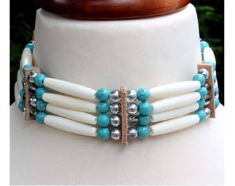 Native American choker white & turquoise bone hair pipe choker Indian style bone leather necklace, tribal biker rocker Boho festival choker